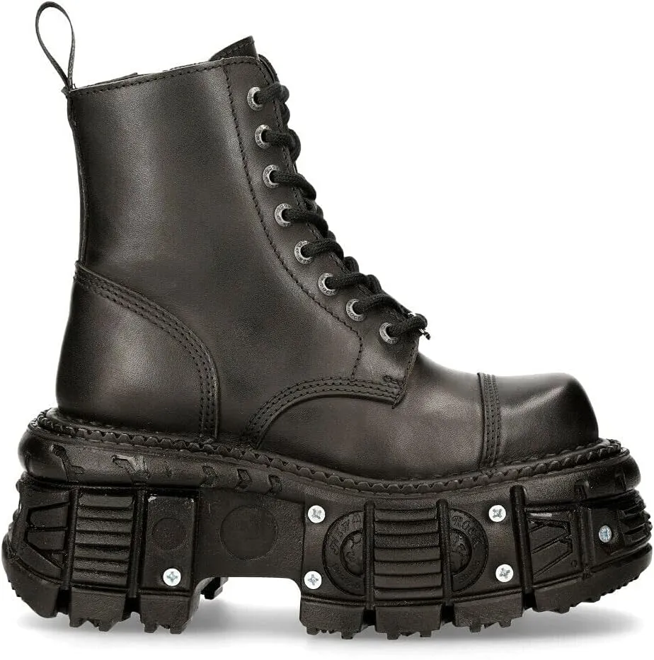 New Rock Women's TANK083-C1 Real Leather Combat Black Platform Biker Military Shoe Boots