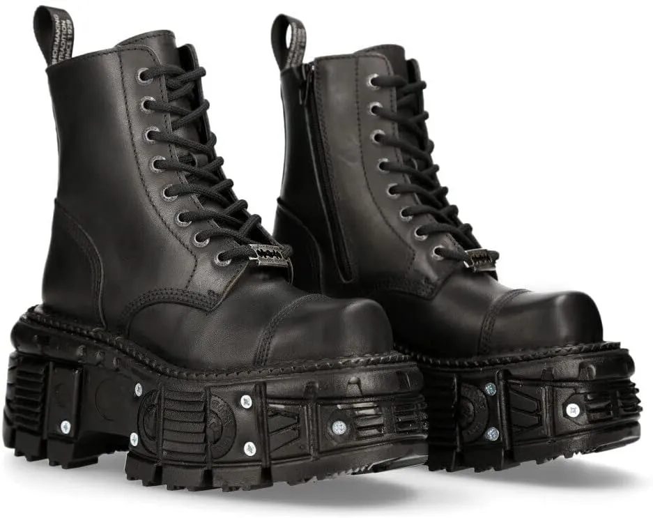 New Rock Women's TANK083-C1 Real Leather Combat Black Platform Biker Military Shoe Boots