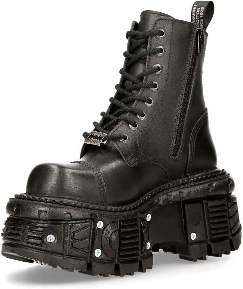 New Rock Women's TANK083-C1 Real Leather Combat Black Platform Biker Military Shoe Boots