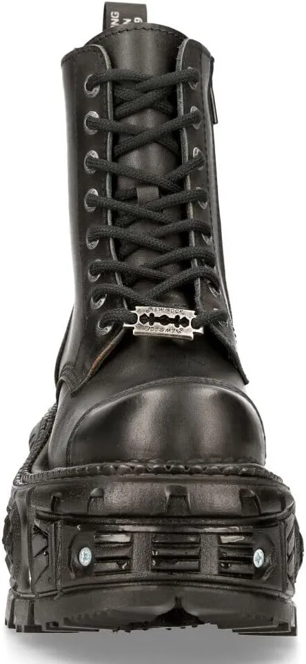 New Rock Women's TANK083-C1 Real Leather Combat Black Platform Biker Military Shoe Boots