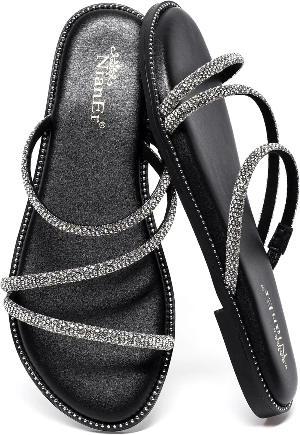 NianEr Womens Microfiber Leather Comfort Foam Rhinestone Glitter Sparkly Dress Flip Flop Sandals Summer Cute Flat Slides