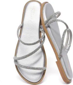 NianEr Womens Microfiber Leather Comfort Foam Rhinestone Glitter Sparkly Dress Flip Flop Sandals Summer Cute Flat Slides