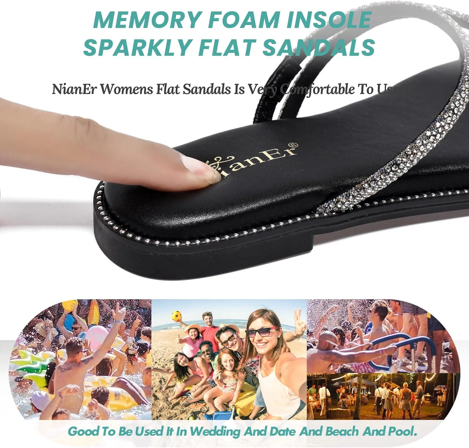 NianEr Womens Microfiber Leather Comfort Foam Rhinestone Glitter Sparkly Dress Flip Flop Sandals Summer Cute Flat Slides
