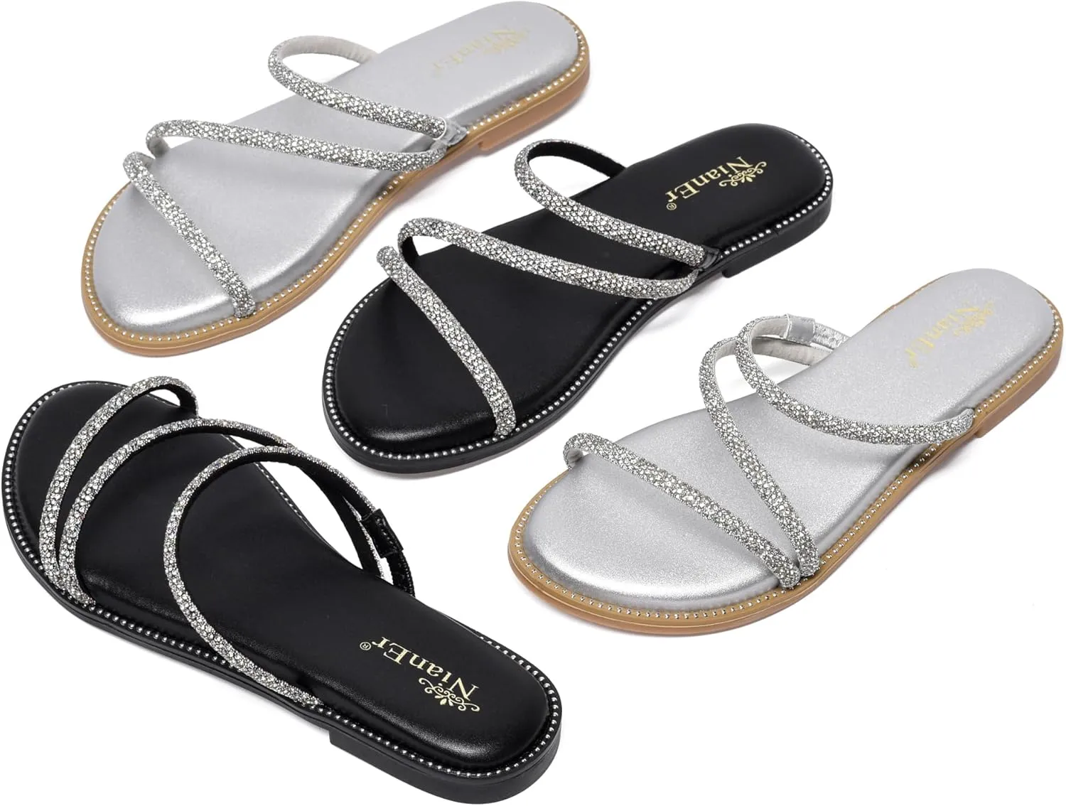 NianEr Womens Microfiber Leather Comfort Foam Rhinestone Glitter Sparkly Dress Flip Flop Sandals Summer Cute Flat Slides