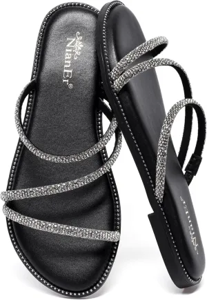 NianEr Womens Microfiber Leather Comfort Foam Rhinestone Glitter Sparkly Dress Flip Flop Sandals Summer Cute Flat Slides