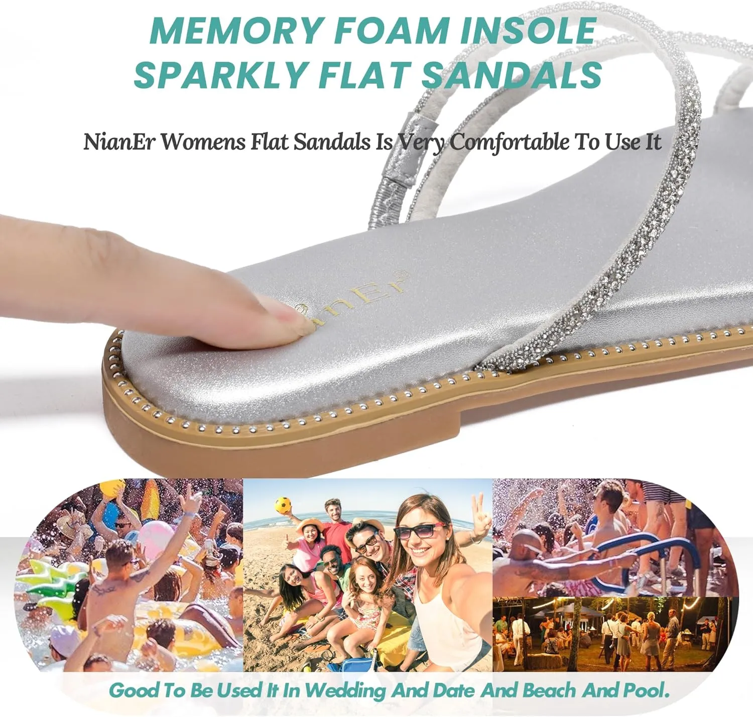 NianEr Womens Microfiber Leather Comfort Foam Rhinestone Glitter Sparkly Dress Flip Flop Sandals Summer Cute Flat Slides