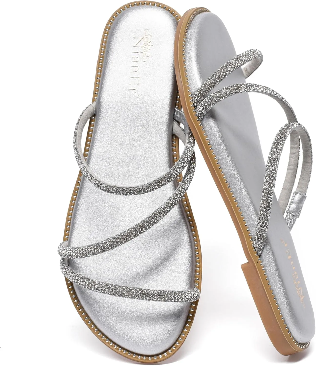 NianEr Womens Microfiber Leather Comfort Foam Rhinestone Glitter Sparkly Dress Flip Flop Sandals Summer Cute Flat Slides