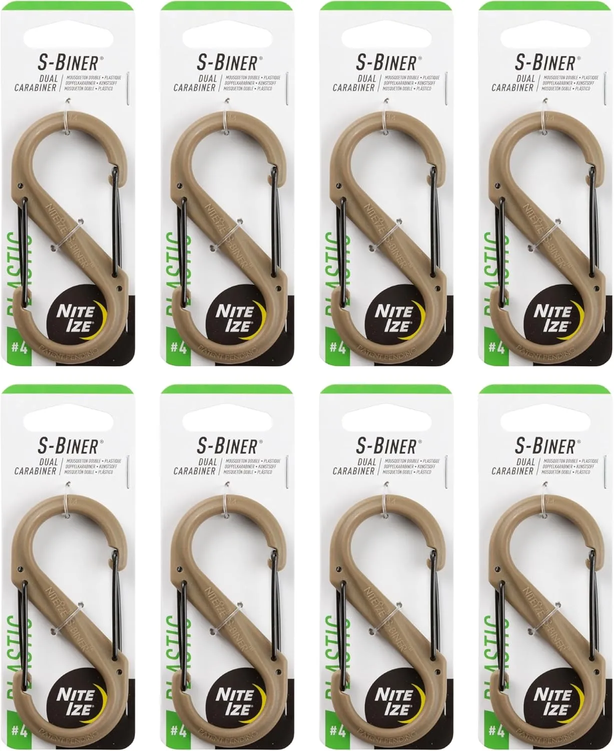 Nite Ize S-Biner Dual Carabiner Plastic - Durable Dual Carabiner with Wire Gate Closure for Organizing Keys & Keychain Attachments - Size 4, Coyote (8 Pack)