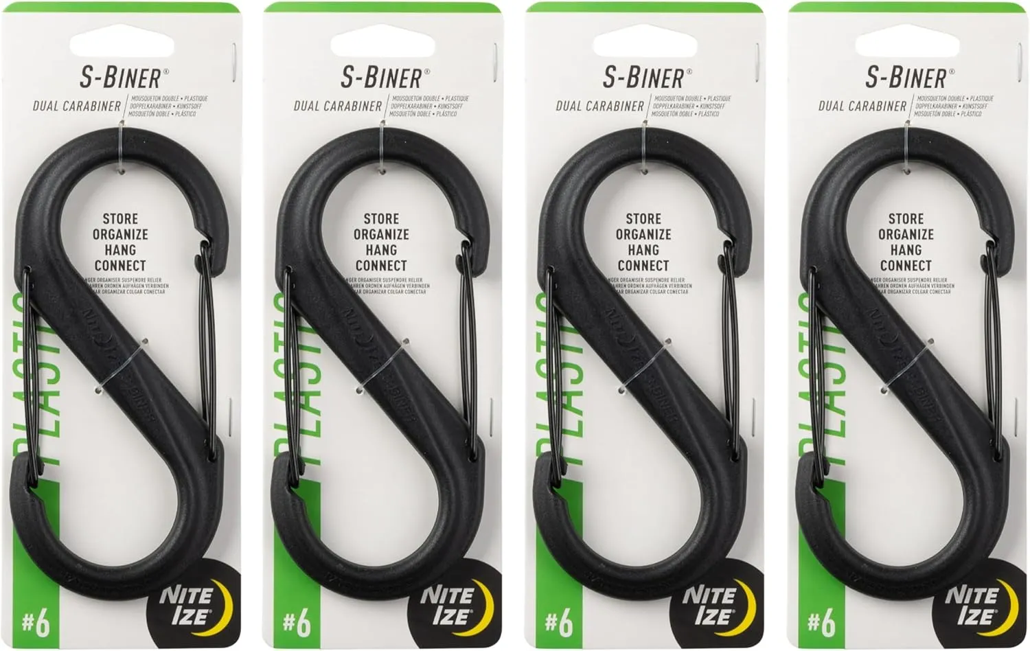 Nite Ize S-Biner Plastic Dual Carabiner - Durable Dual Carabiner with Wire Gate Closure for Organizing Keys & Keychain Attachments - Size 6, Black (4 Pack)