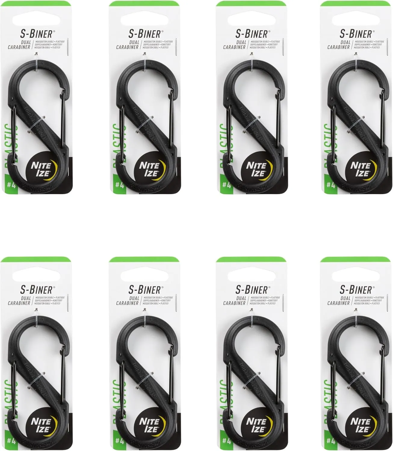 Nite IzeS-Biner Dual Carabiner Plastic - Durable Dual Carabiner with Wire Gate Closure for Organizing Keys & Keychain Attachments - Size 4, Black (8 Pack)