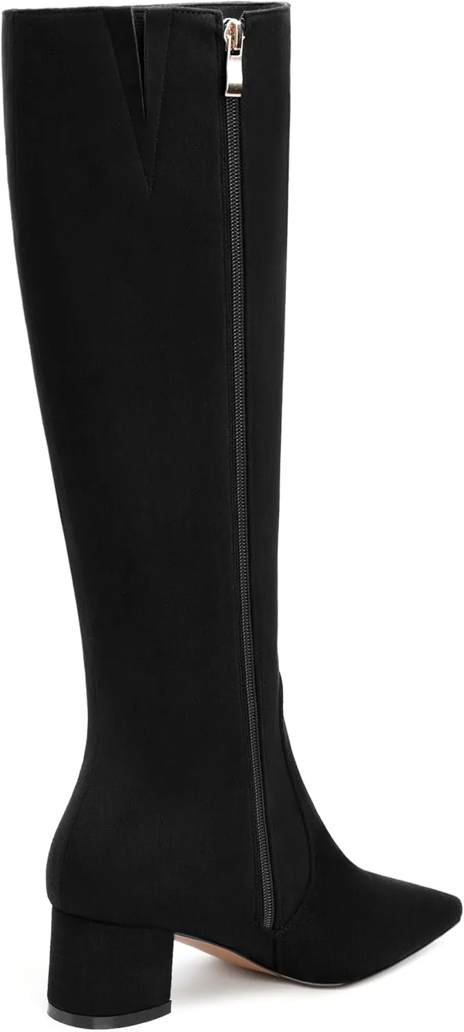 NUMALEO Womens Suede Zip Solid Fashion Party Pointed Toe Chunky Low Heel Knee High Boots 2 Inch