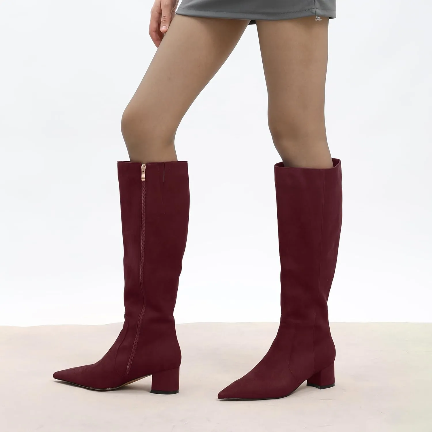 NUMALEO Womens Suede Zip Solid Fashion Party Pointed Toe Chunky Low Heel Knee High Boots 2 Inch