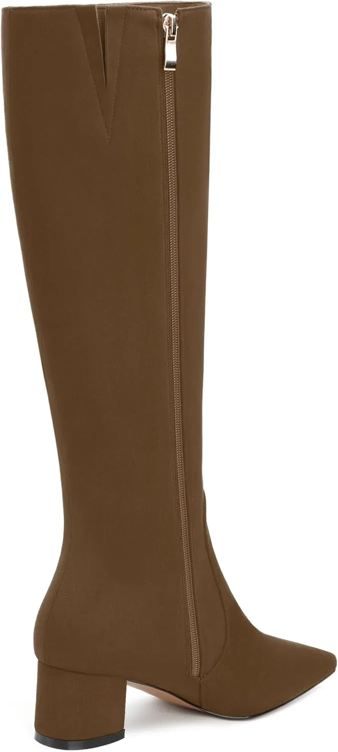 NUMALEO Womens Suede Zip Solid Fashion Party Pointed Toe Chunky Low Heel Knee High Boots 2 Inch
