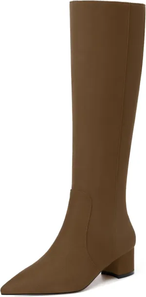 NUMALEO Womens Suede Zip Solid Fashion Party Pointed Toe Chunky Low Heel Knee High Boots 2 Inch