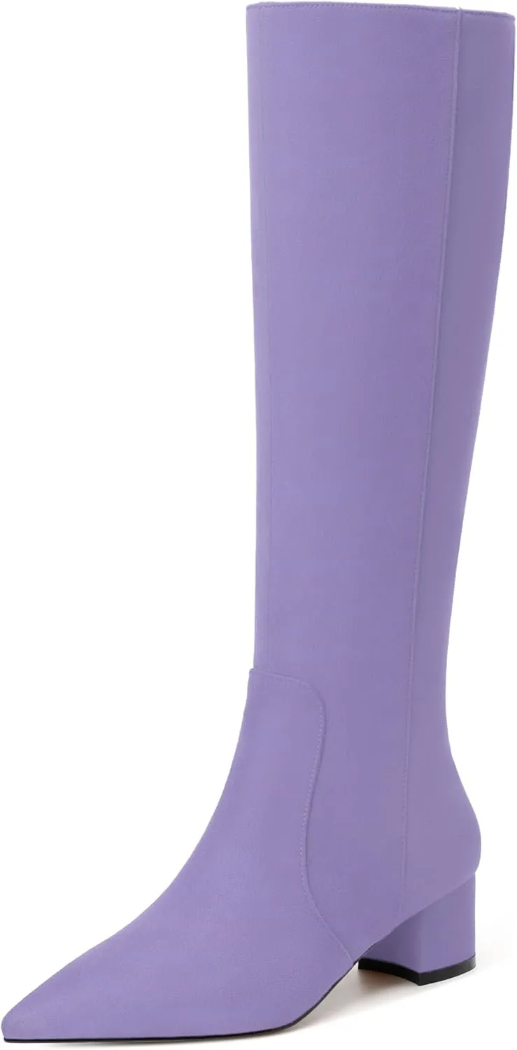 NUMALEO Womens Suede Zip Solid Fashion Party Pointed Toe Chunky Low Heel Knee High Boots 2 Inch