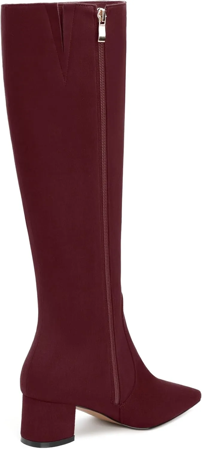 NUMALEO Womens Suede Zip Solid Fashion Party Pointed Toe Chunky Low Heel Knee High Boots 2 Inch