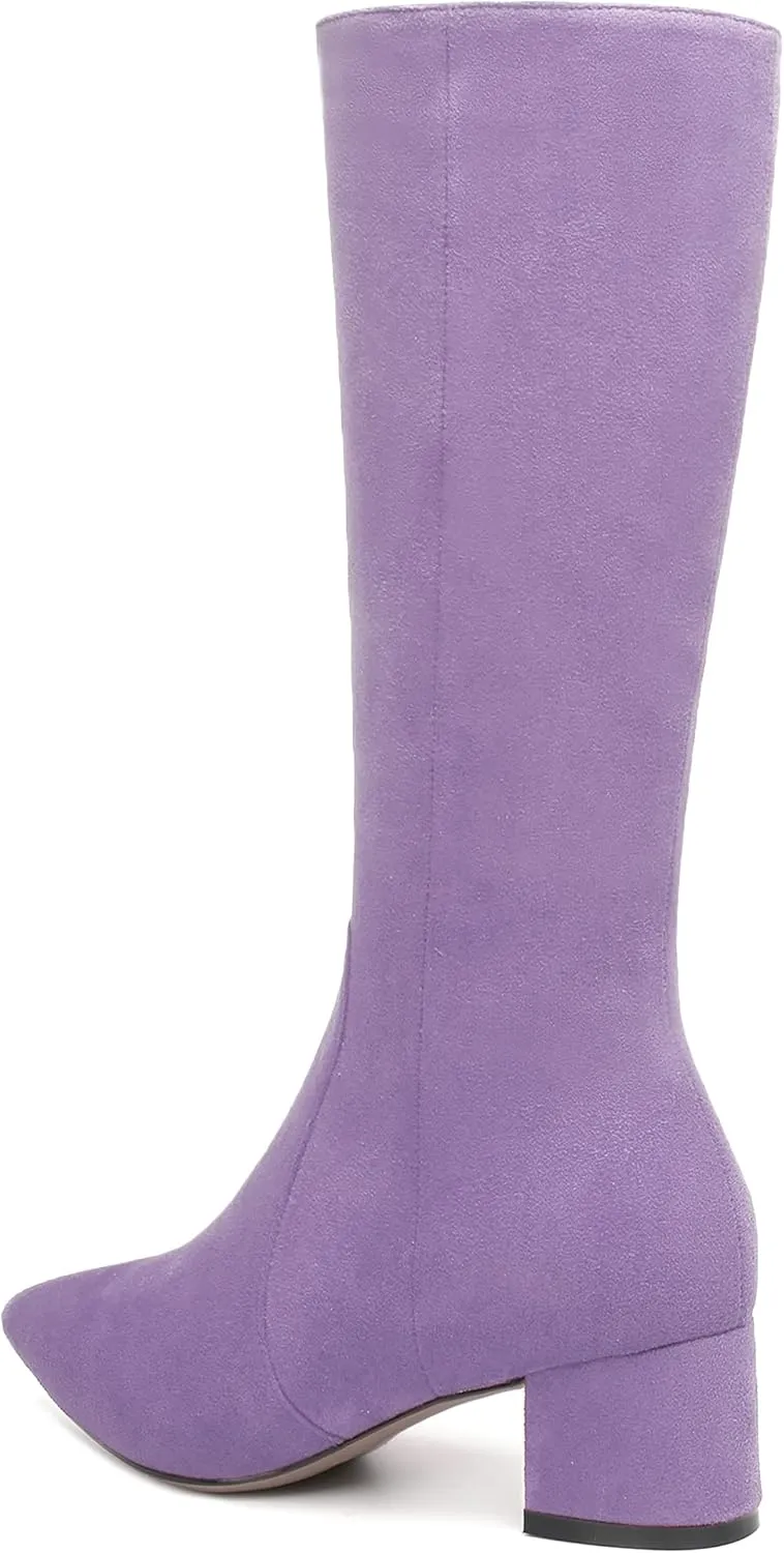 NUMALEO Womens Suede Zip Solid Fashion Party Pointed Toe Chunky Low Heel Knee High Boots 2 Inch