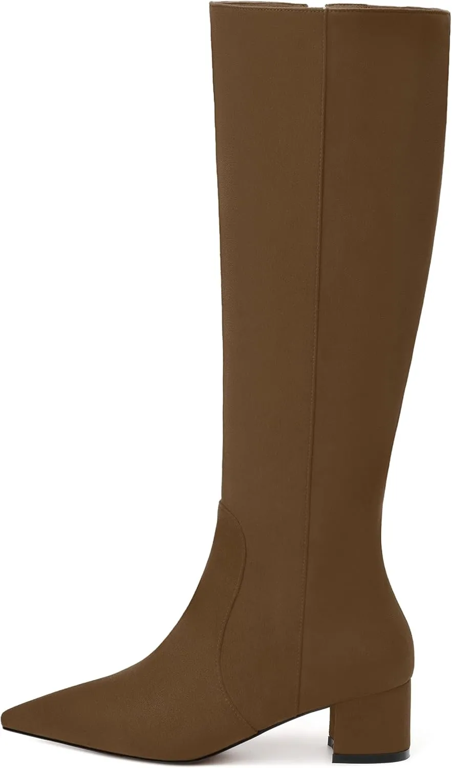 NUMALEO Womens Suede Zip Solid Fashion Party Pointed Toe Chunky Low Heel Knee High Boots 2 Inch