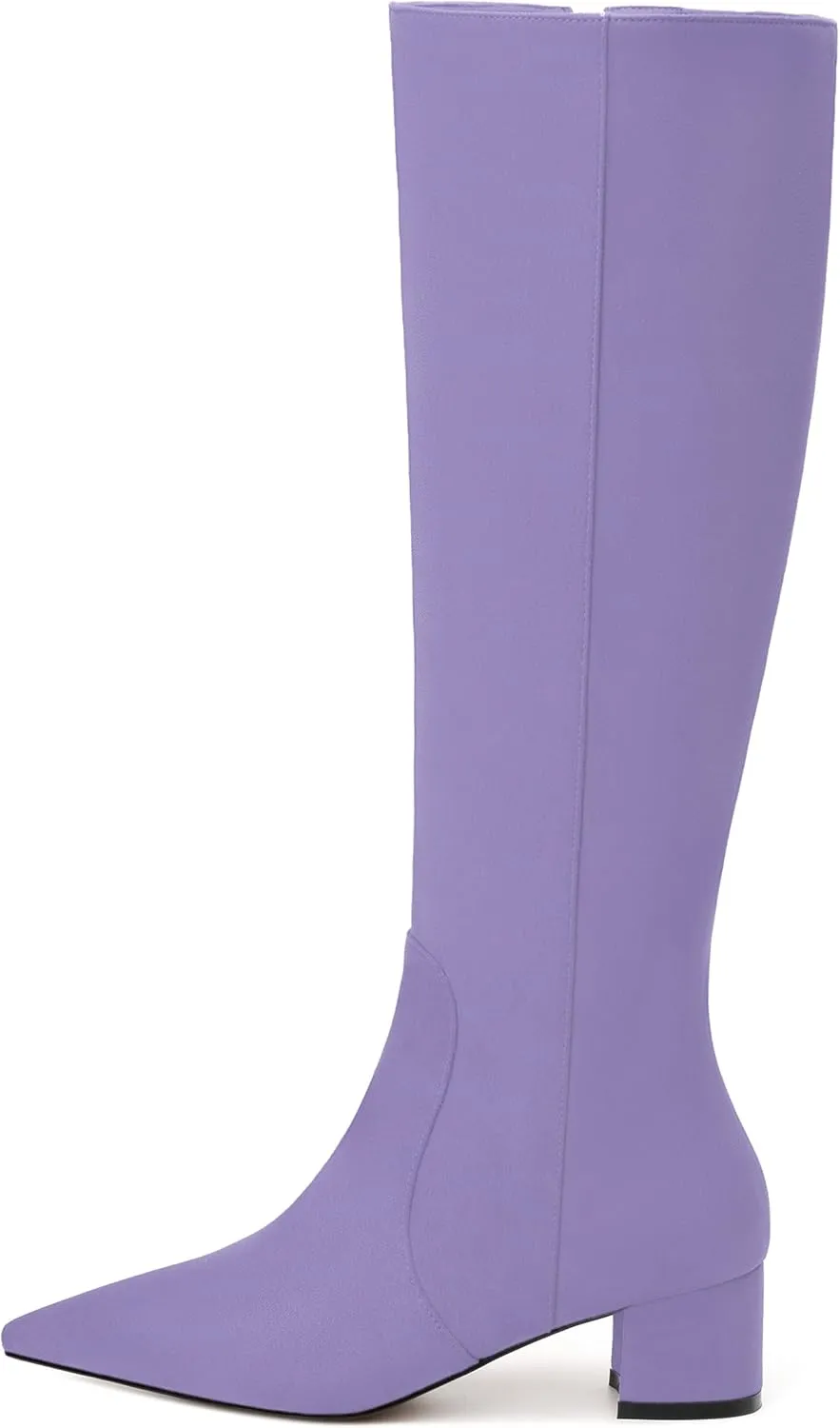 NUMALEO Womens Suede Zip Solid Fashion Party Pointed Toe Chunky Low Heel Knee High Boots 2 Inch