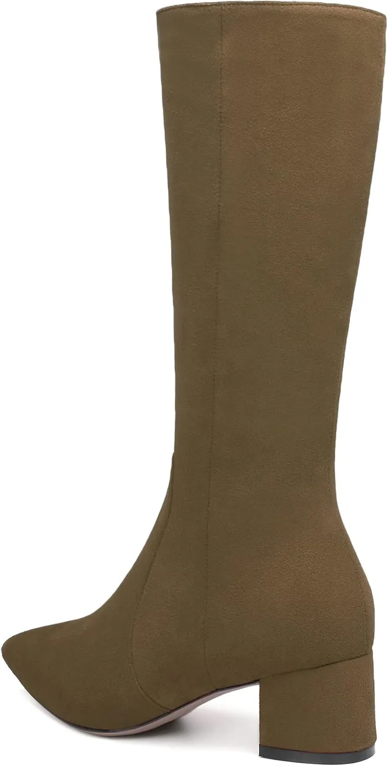 NUMALEO Womens Suede Zip Solid Fashion Party Pointed Toe Chunky Low Heel Knee High Boots 2 Inch