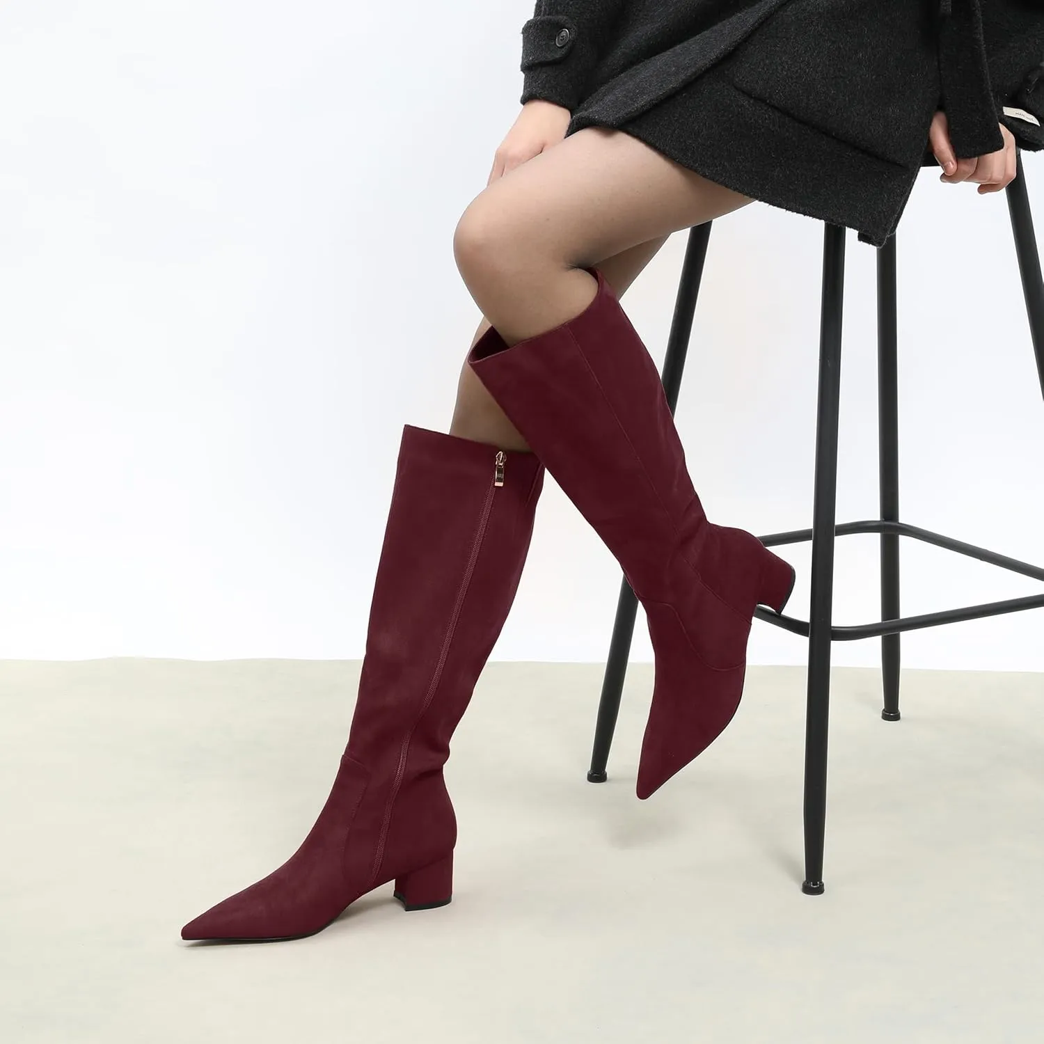 NUMALEO Womens Suede Zip Solid Fashion Party Pointed Toe Chunky Low Heel Knee High Boots 2 Inch