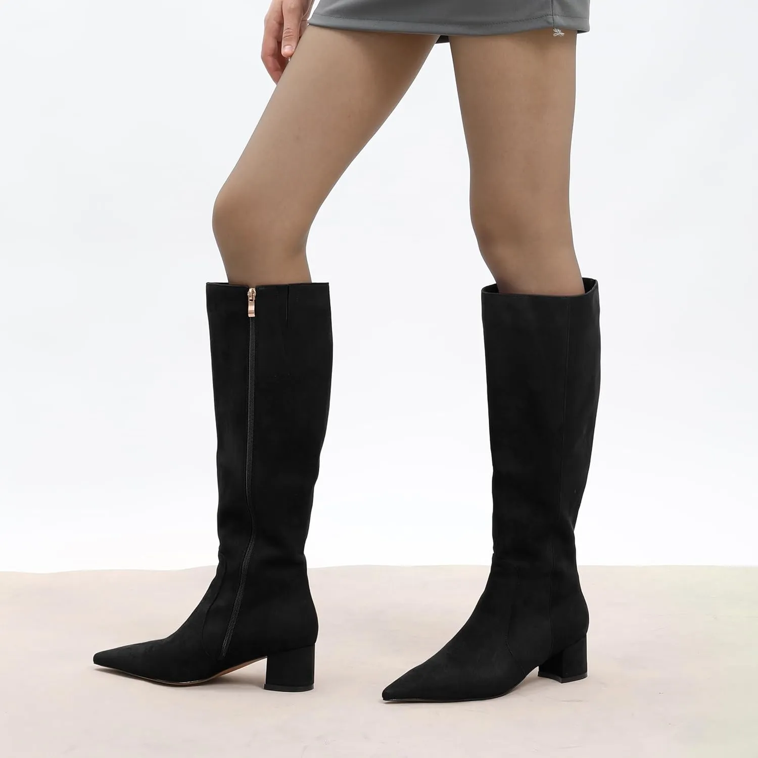 NUMALEO Womens Suede Zip Solid Fashion Party Pointed Toe Chunky Low Heel Knee High Boots 2 Inch