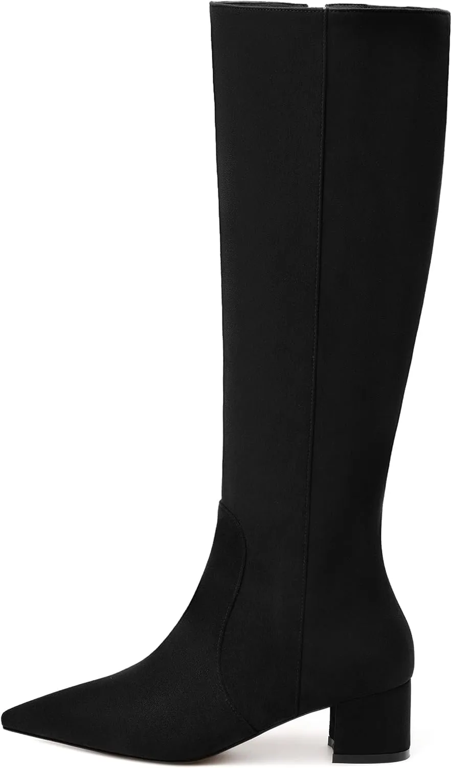 NUMALEO Womens Suede Zip Solid Fashion Party Pointed Toe Chunky Low Heel Knee High Boots 2 Inch