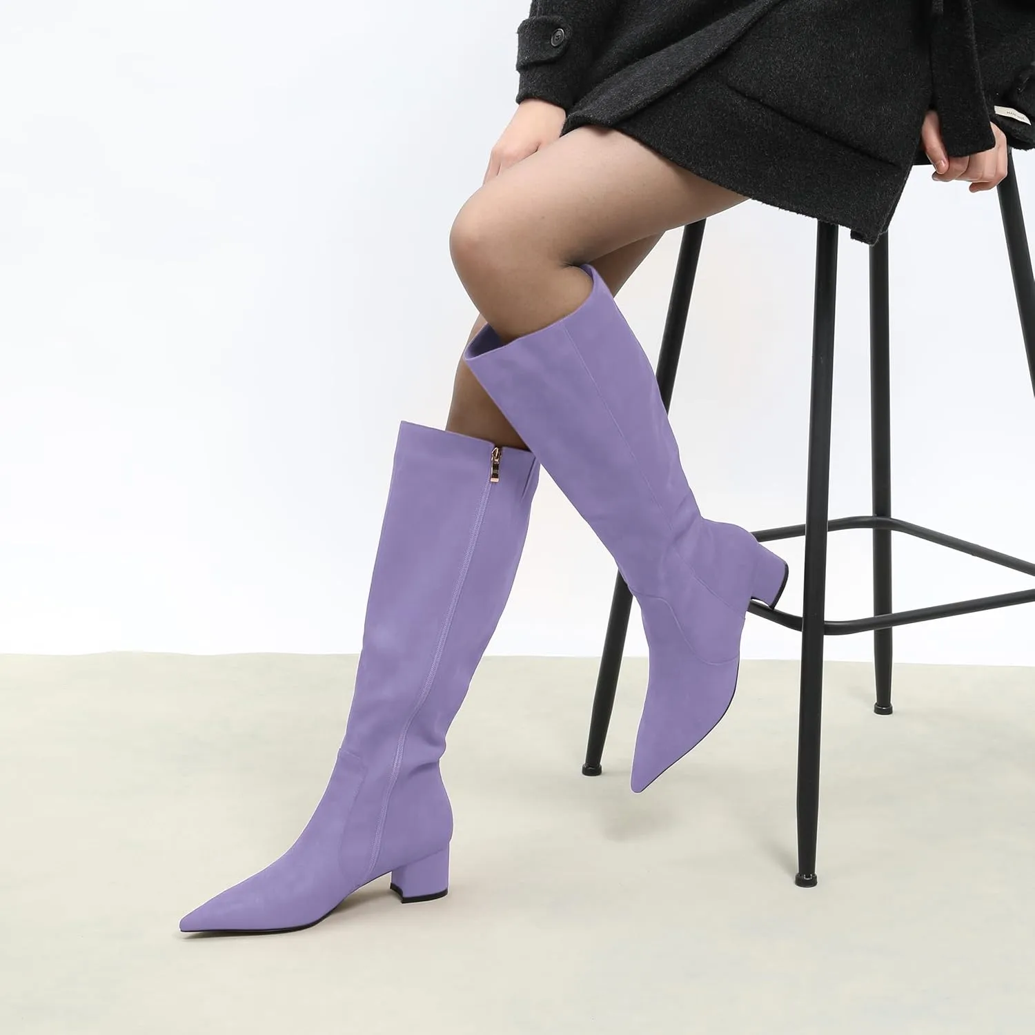 NUMALEO Womens Suede Zip Solid Fashion Party Pointed Toe Chunky Low Heel Knee High Boots 2 Inch