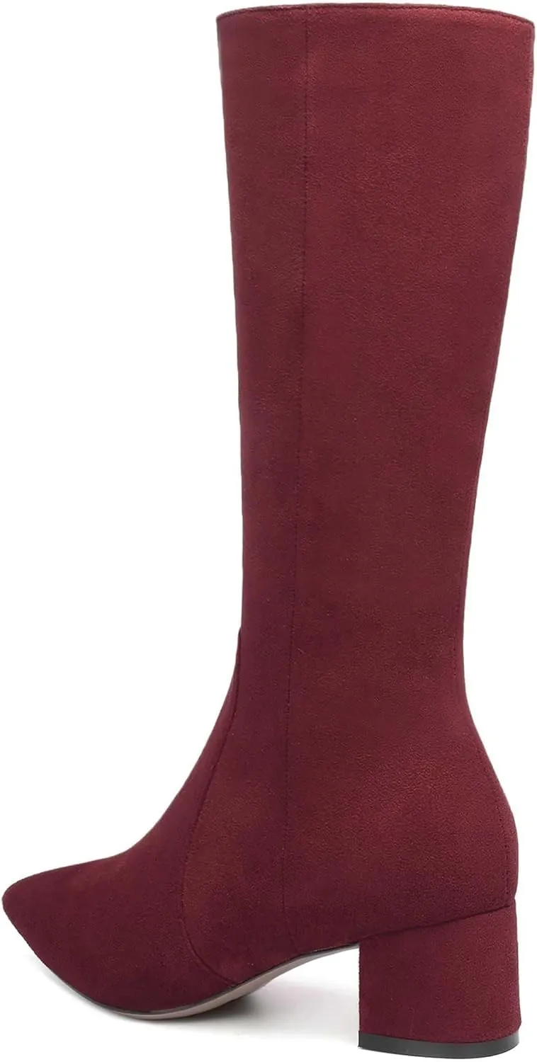 NUMALEO Womens Suede Zip Solid Fashion Party Pointed Toe Chunky Low Heel Knee High Boots 2 Inch