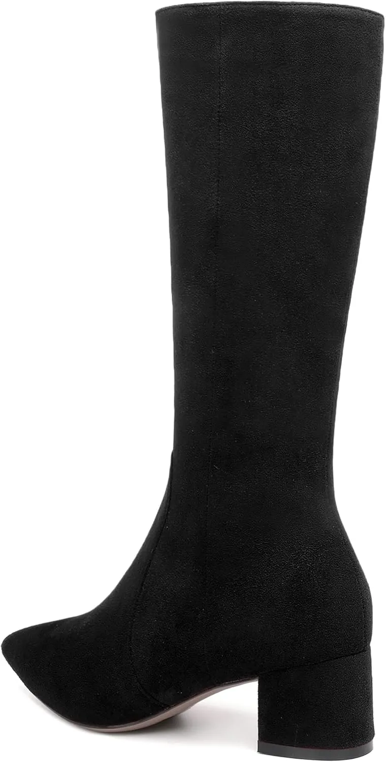 NUMALEO Womens Suede Zip Solid Fashion Party Pointed Toe Chunky Low Heel Knee High Boots 2 Inch