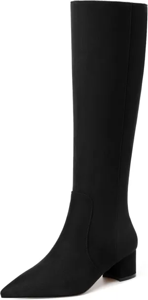 NUMALEO Womens Suede Zip Solid Fashion Party Pointed Toe Chunky Low Heel Knee High Boots 2 Inch