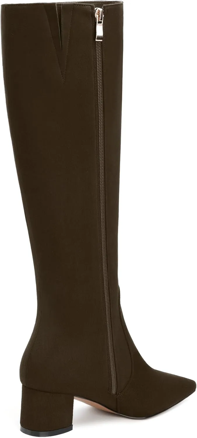 NUMALEO Womens Suede Zip Solid Fashion Party Pointed Toe Chunky Low Heel Knee High Boots 2 Inch
