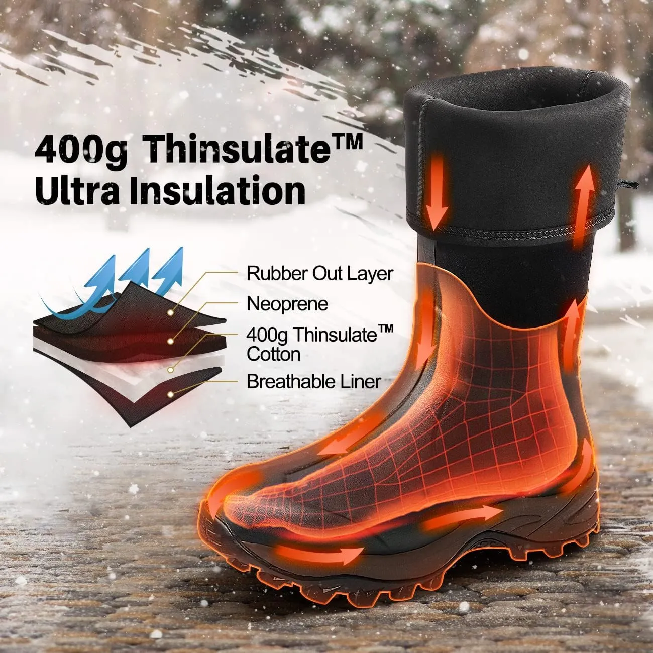Obcursco Mens Rain Boots, Insulated 6mm Neoprene Rubber Boots for Men and Women Waterproof, Durable Hunting Boots Great for Cold Weather, Farm Working and Fishing
