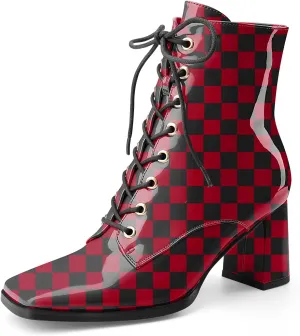 Oh Mispares Women's Chunky Heel Ankle Boots Square Toe Lace-up Chunky Block Heeled Side Zipper Short Booties Comfortable Walking Boot Shoes