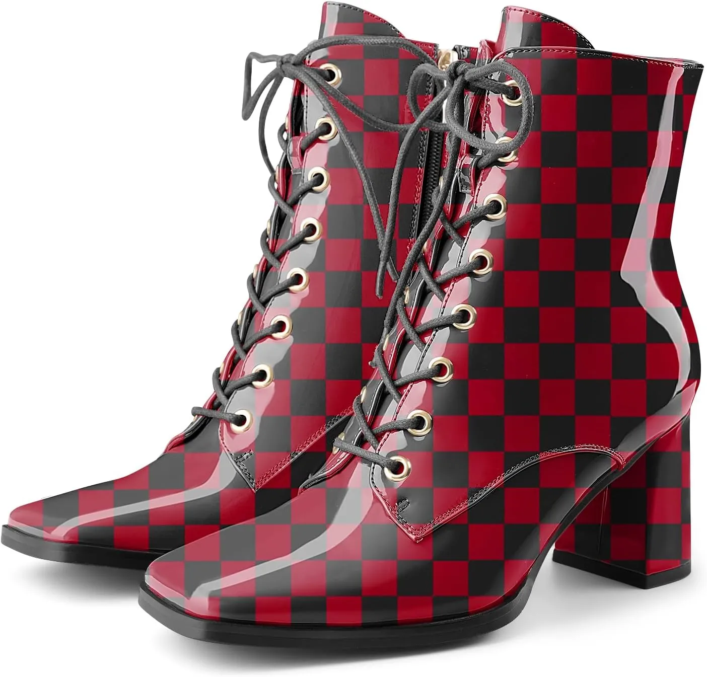 Oh Mispares Women's Chunky Heel Ankle Boots Square Toe Lace-up Chunky Block Heeled Side Zipper Short Booties Comfortable Walking Boot Shoes