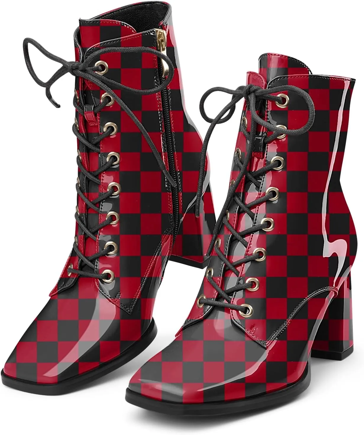 Oh Mispares Women's Chunky Heel Ankle Boots Square Toe Lace-up Chunky Block Heeled Side Zipper Short Booties Comfortable Walking Boot Shoes