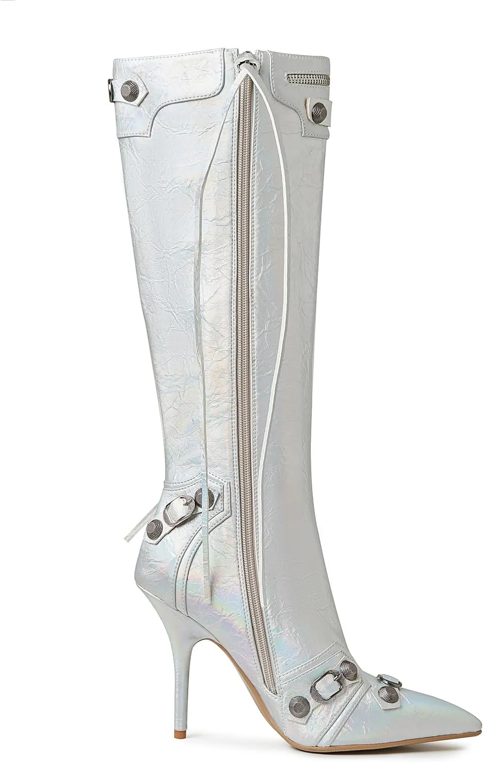Oiamenne Knee High Boots for Women Fashion Slide Zipper Pointed Toe Stiletto Studded High Heel Rivets Tassel Boots Party Dress Shoes