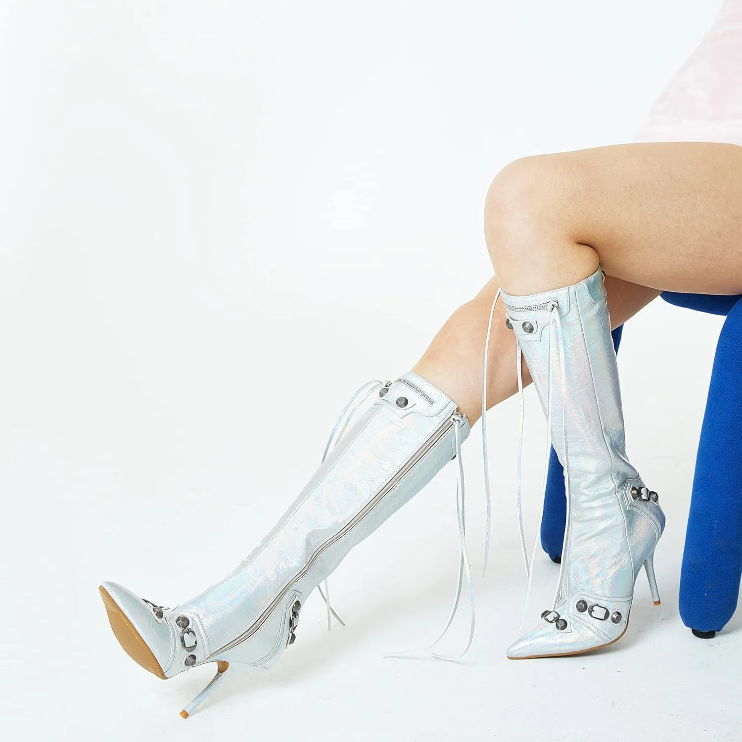 Oiamenne Knee High Boots for Women Fashion Slide Zipper Pointed Toe Stiletto Studded High Heel Rivets Tassel Boots Party Dress Shoes