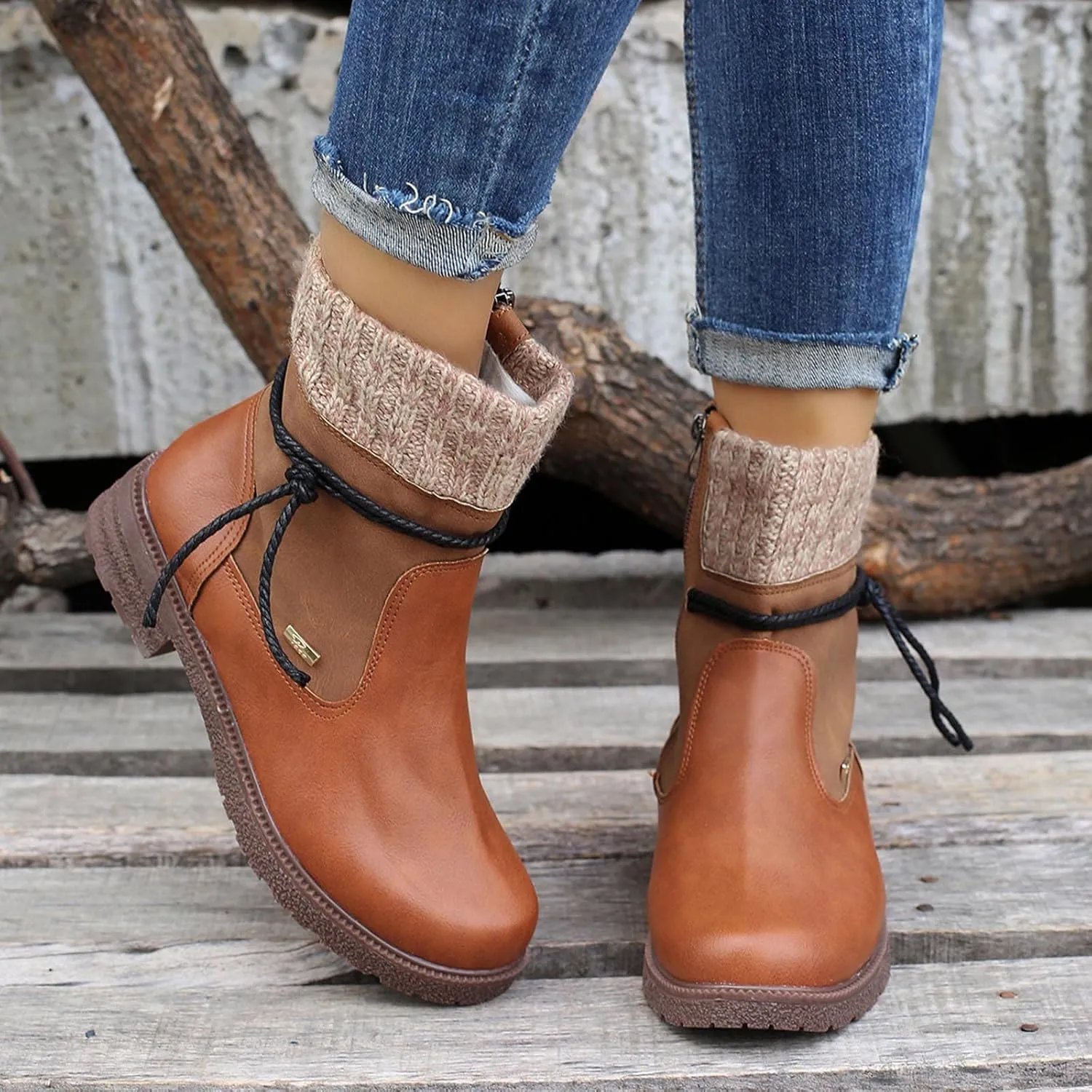 oiangi Boots for Women Low Heel Winter Fashion Round Toe Side Zipper Wool Mouth Warm Block Chunky Heel Mid Calf Boots Solid Casual Bandage Ladies Shoes