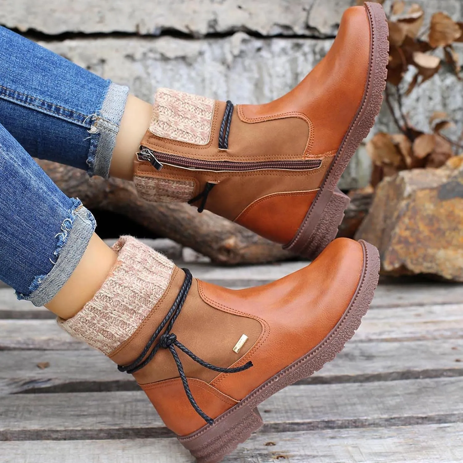 oiangi Boots for Women Low Heel Winter Fashion Round Toe Side Zipper Wool Mouth Warm Block Chunky Heel Mid Calf Boots Solid Casual Bandage Ladies Shoes