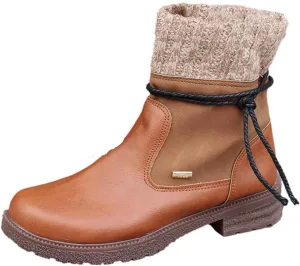 oiangi Boots for Women Low Heel Winter Fashion Round Toe Side Zipper Wool Mouth Warm Block Chunky Heel Mid Calf Boots Solid Casual Bandage Ladies Shoes