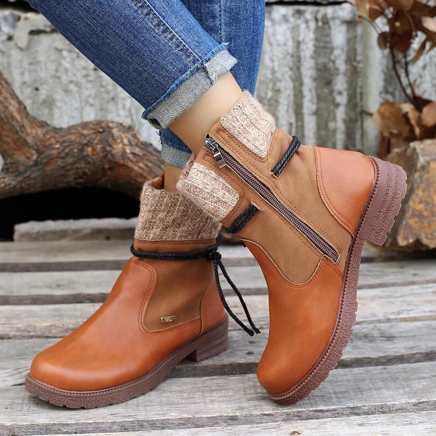 oiangi Boots for Women Low Heel Winter Fashion Round Toe Side Zipper Wool Mouth Warm Block Chunky Heel Mid Calf Boots Solid Casual Bandage Ladies Shoes