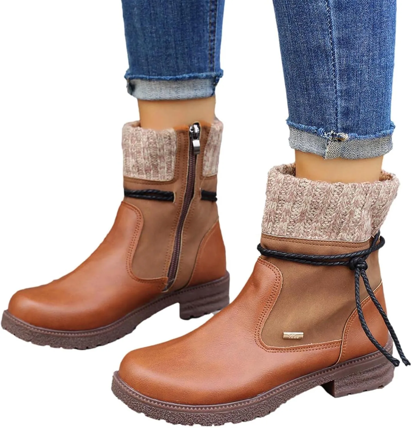 oiangi Boots for Women Low Heel Winter Fashion Round Toe Side Zipper Wool Mouth Warm Block Chunky Heel Mid Calf Boots Solid Casual Bandage Ladies Shoes