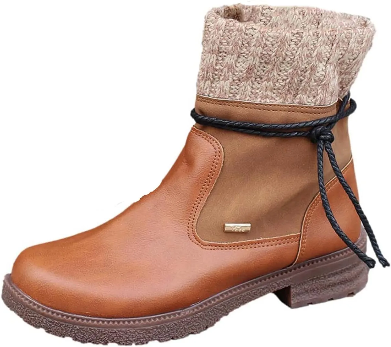 oiangi Boots for Women Low Heel Winter Fashion Round Toe Side Zipper Wool Mouth Warm Block Chunky Heel Mid Calf Boots Solid Casual Bandage Ladies Shoes