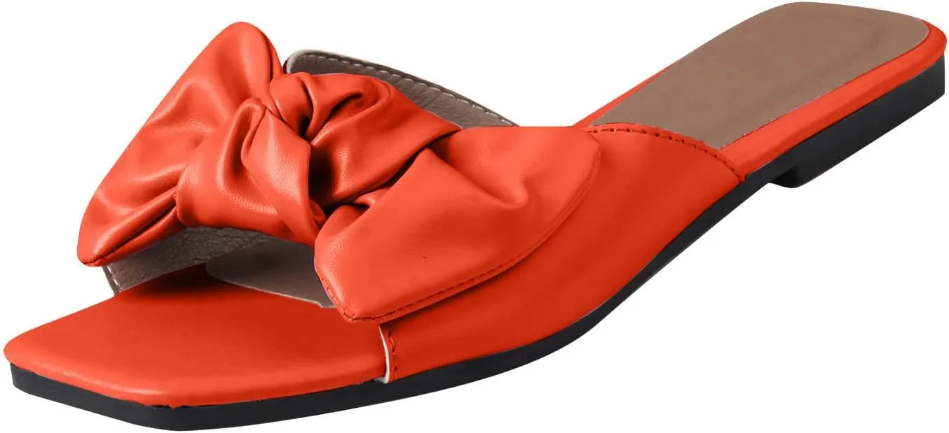 oiangi Bow Sandals for Women Flat Trendy Casual Solid Square Toe Open Toe Slip-on Slippers Summer Cute Comfy Outdoor Beach Shoes Flip Flops Sandalias Niña