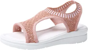 oiangi Knitted Wedge Sandals for Women Fashion Fish Mouth Open Toe Hollow Mesh Breathable Slip-on Platform Sport Sandals Summer Stretchy Comfy Walking Shoes