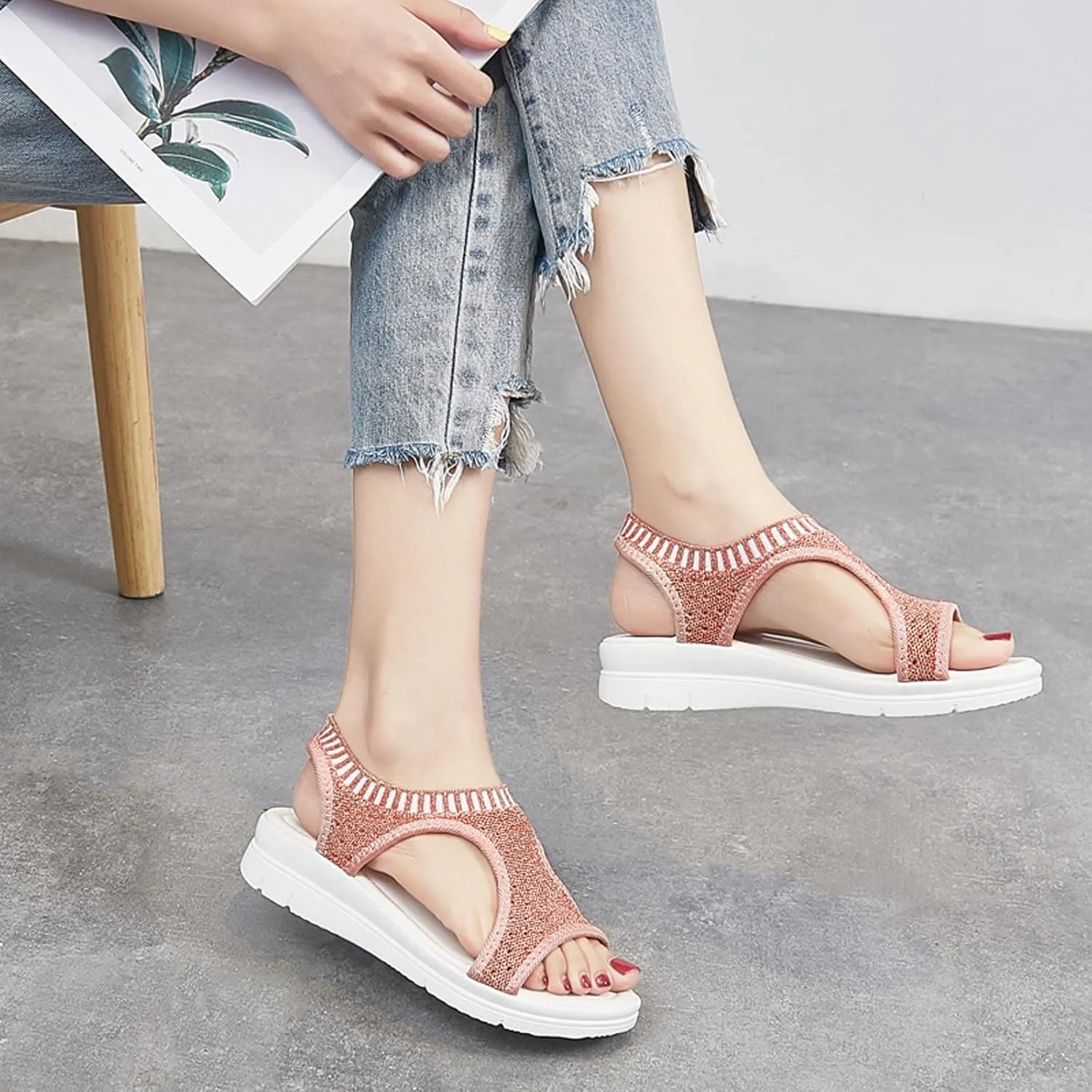 oiangi Knitted Wedge Sandals for Women Fashion Fish Mouth Open Toe Hollow Mesh Breathable Slip-on Platform Sport Sandals Summer Stretchy Comfy Walking Shoes