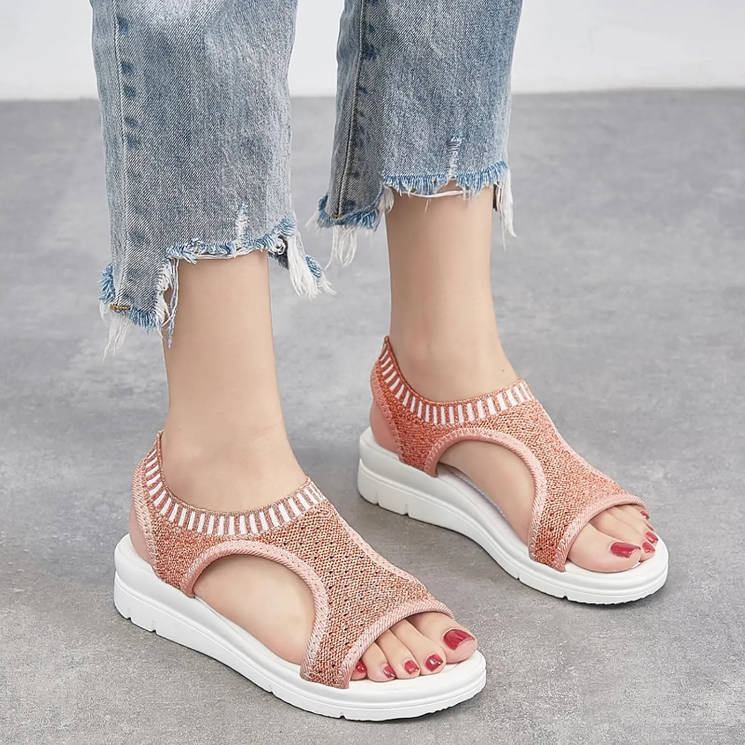 oiangi Knitted Wedge Sandals for Women Fashion Fish Mouth Open Toe Hollow Mesh Breathable Slip-on Platform Sport Sandals Summer Stretchy Comfy Walking Shoes