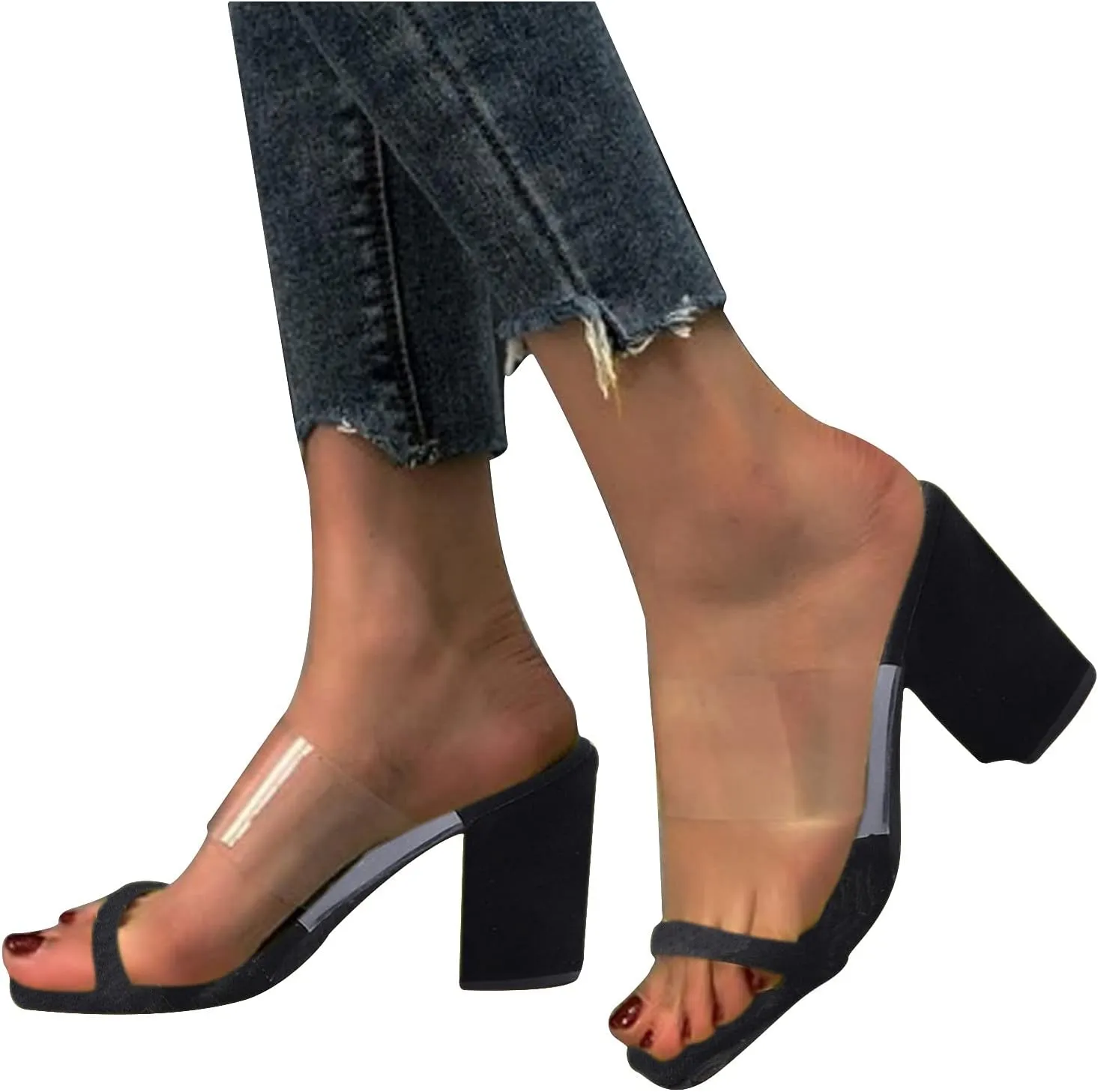 oiangi Womens Clear Straps Chunky Sandals Summer Casual Square Toe Double Strap Open Toe Slip-on Thick Heel High Heels Slipper Comfy Trendy Ladies Shoes