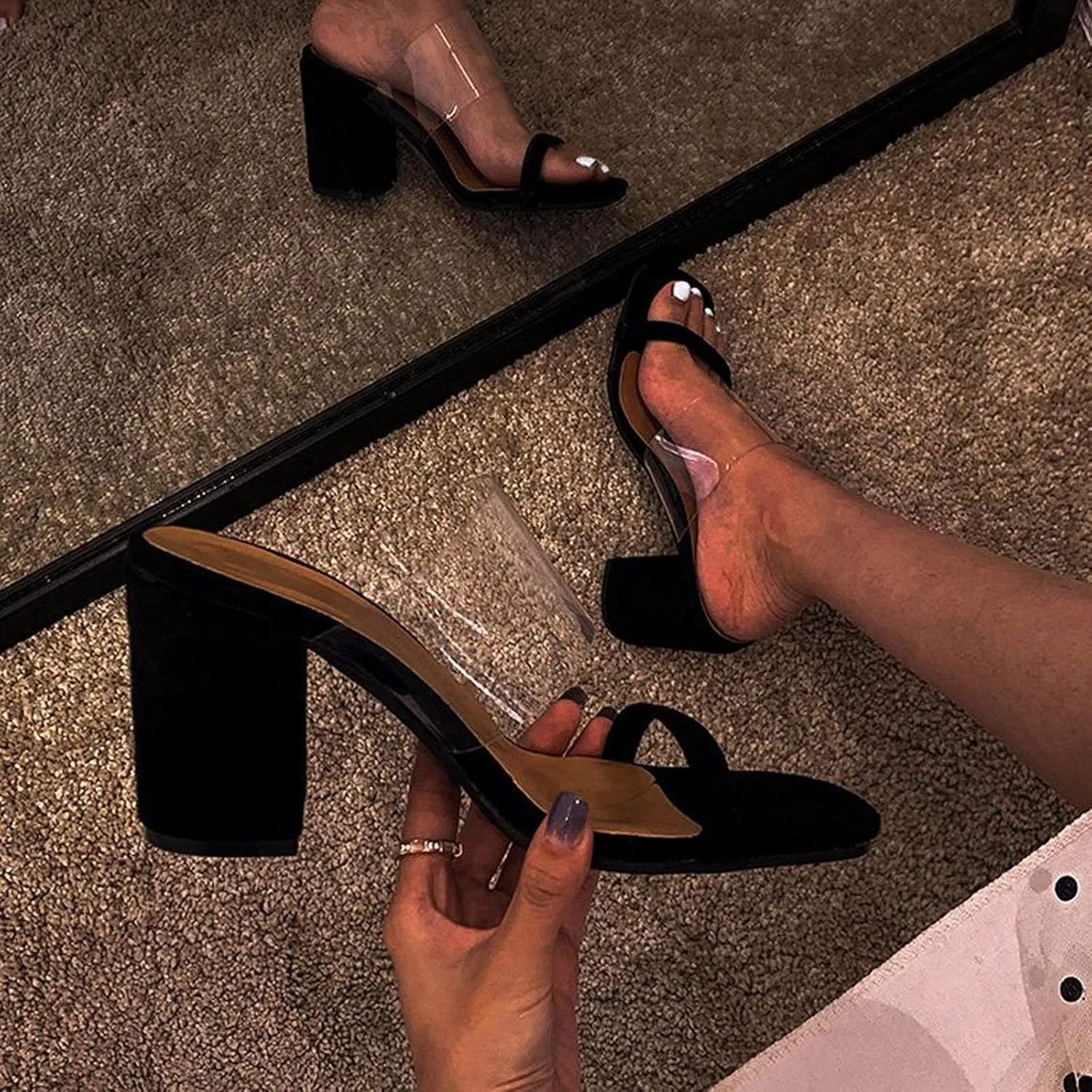 oiangi Womens Clear Straps Chunky Sandals Summer Casual Square Toe Double Strap Open Toe Slip-on Thick Heel High Heels Slipper Comfy Trendy Ladies Shoes
